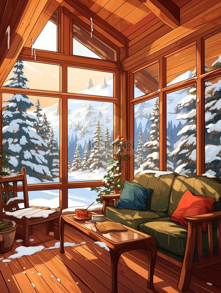 温暖木屋窗外雪景2
