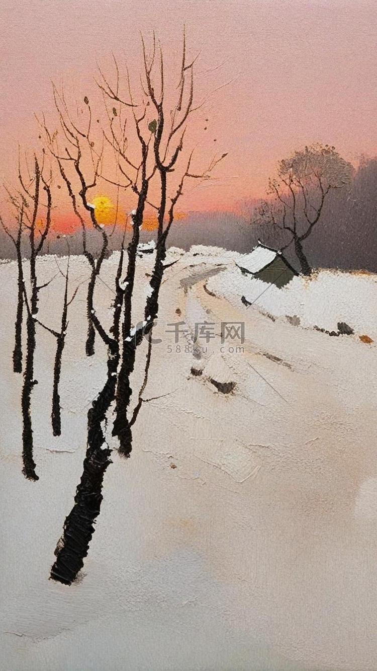 肌理磨砂质感夕阳里的冬景雪景
