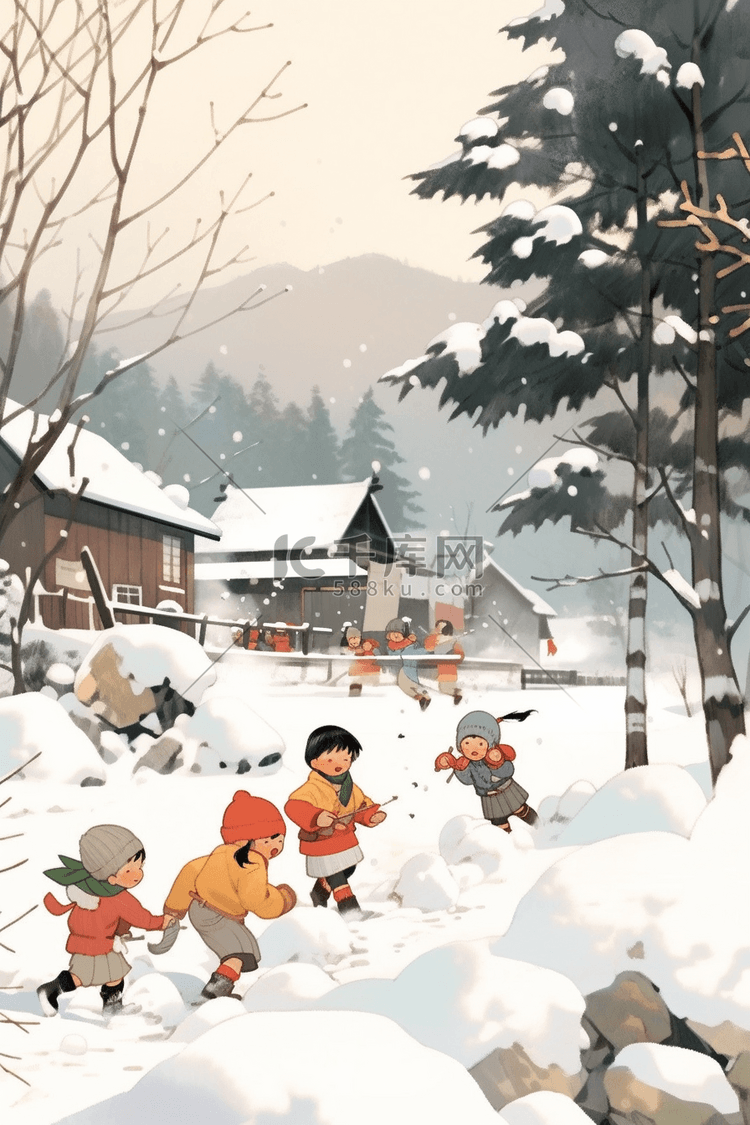 冬天新年孩子手绘打雪仗插画海报