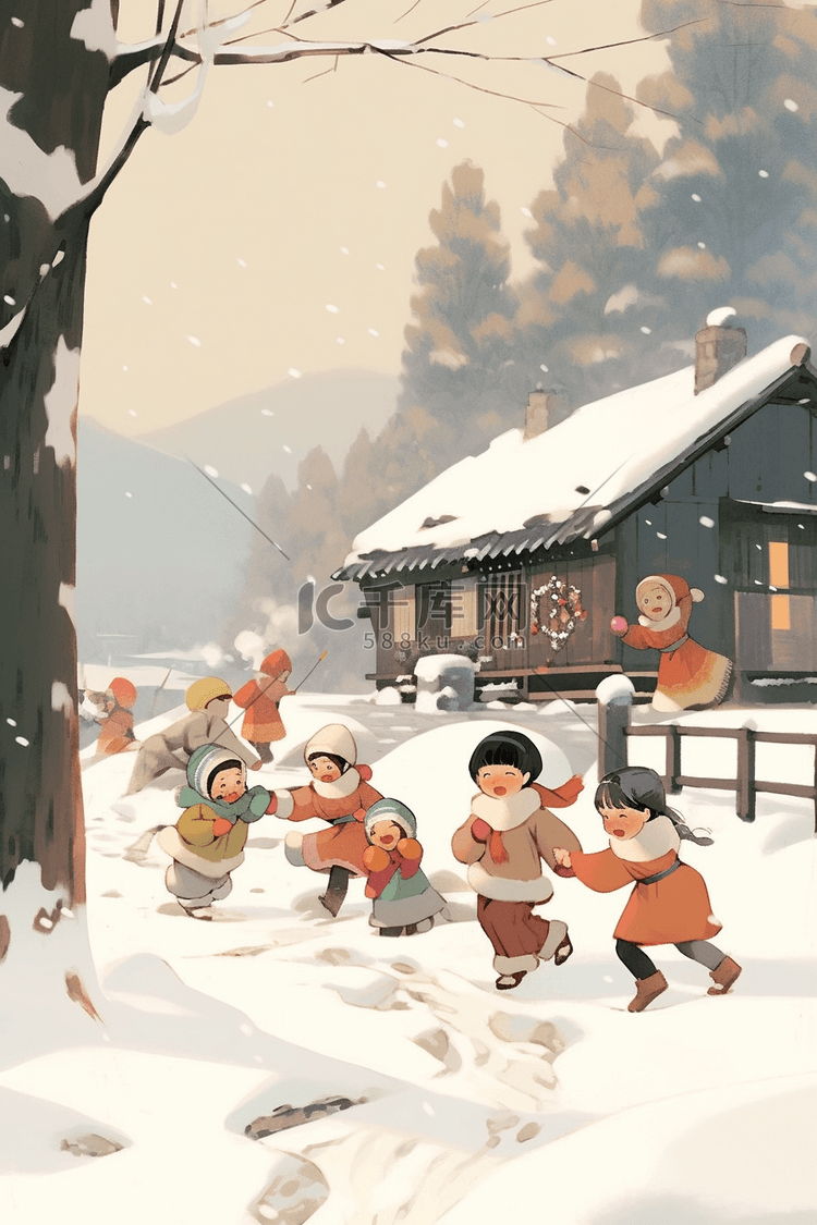 冬天手绘新年孩子打雪仗插画海报