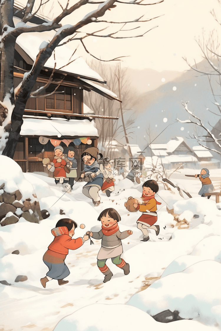 冬天新年孩子插画打雪仗手绘海报