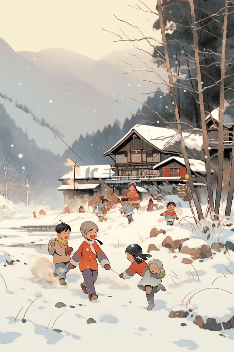 新年孩子打雪仗冬天手绘插画海报