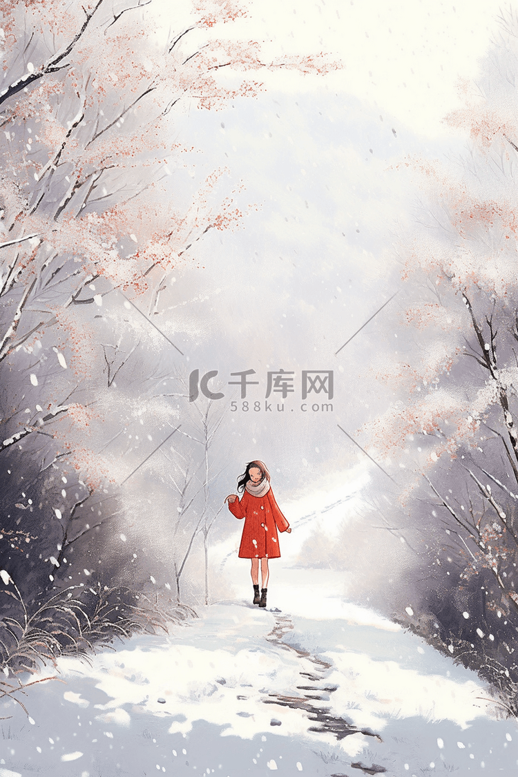 冬天女孩跳舞手绘插画下雪