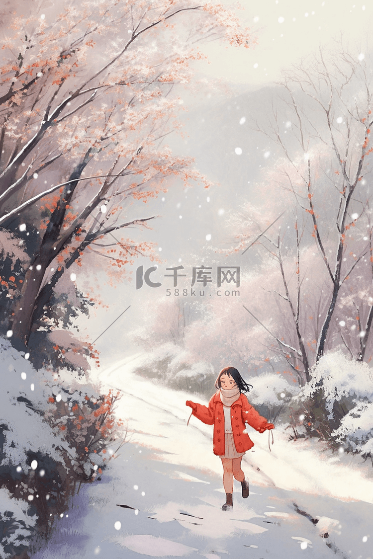 冬天手绘下雪女孩跳舞插画