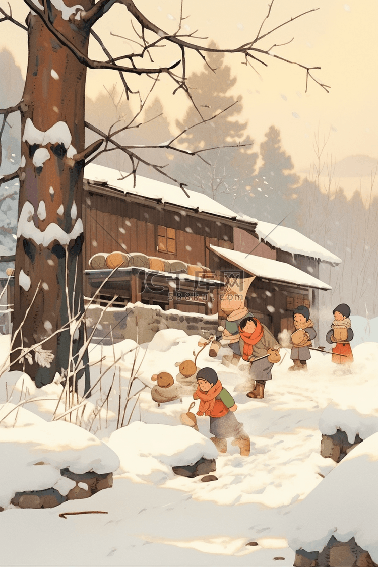 新年孩子打雪仗手绘冬天插画海报