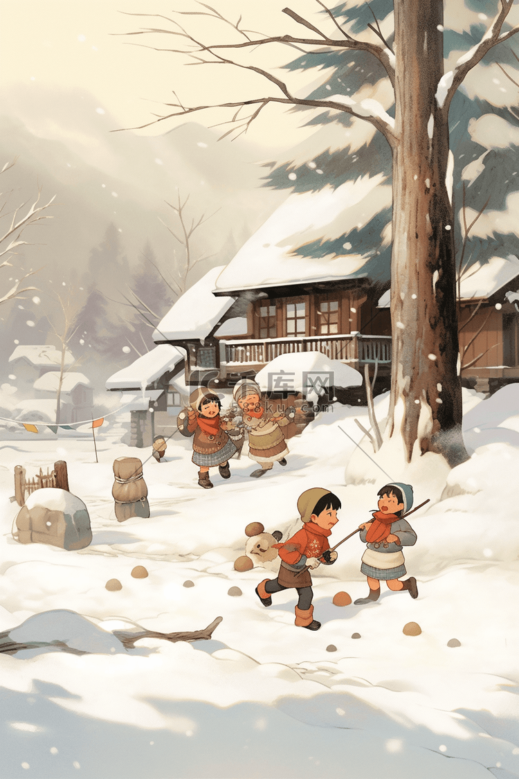 新年冬天孩子打雪仗手绘插画海报