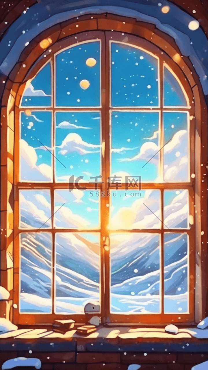 窗台冬天风景阳台窗户雪景插画图片
