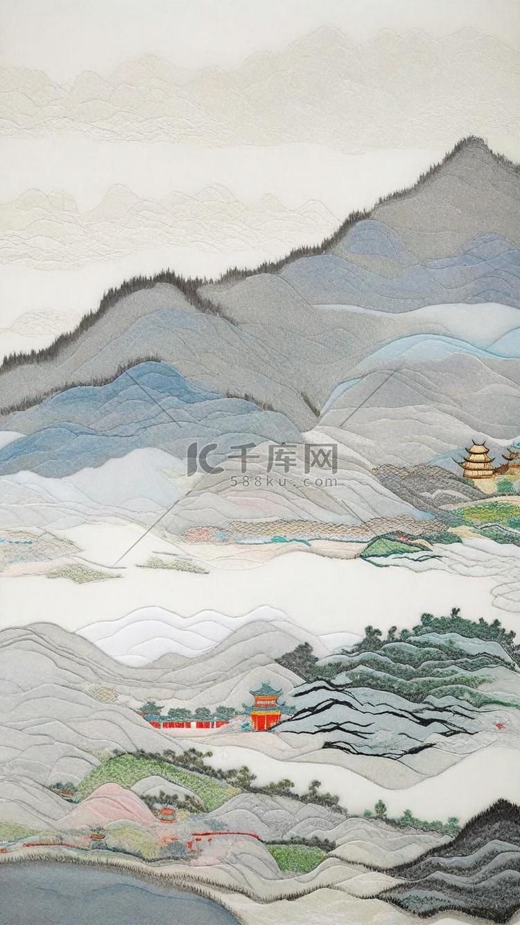 中国风刺绣纹理山水插画图片