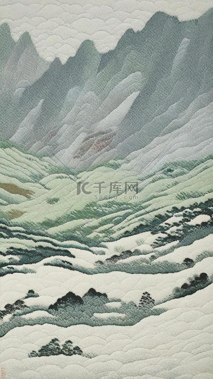 中国风刺绣纹理山水插画插画图片