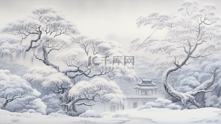 中国风冬季雪景风景插画19素材