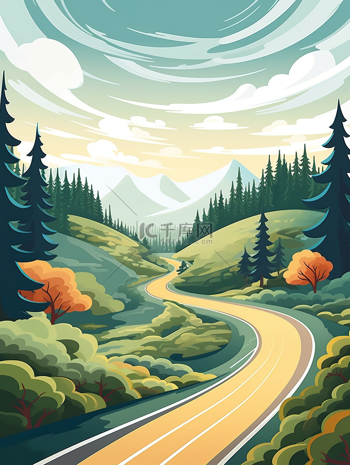 道路蜿蜒的山路美丽风景6设计插画图片-千库网