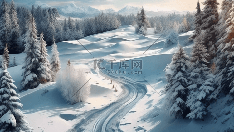 冬天风景雪景房屋道路下雪森林原创插画
