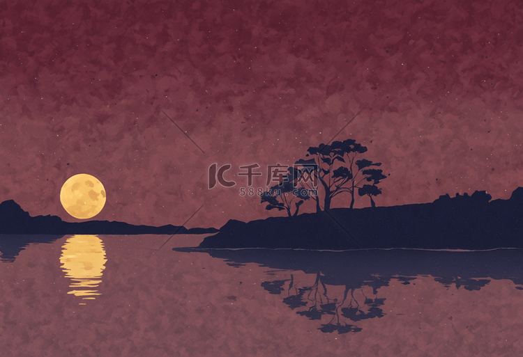 月亮树船海洋平静夜晚插画唯美