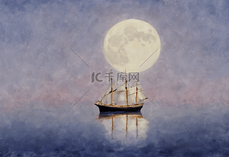 月亮树船海洋平静夜晚插画唯美