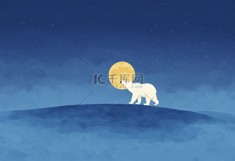 北极熊海平静月亮超现实插画唯美