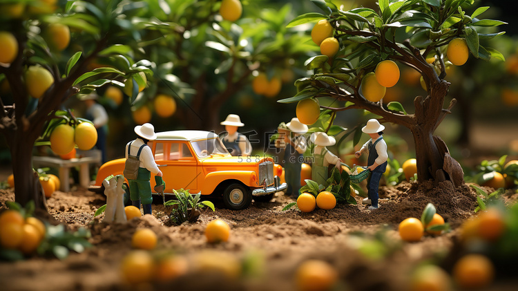 采摘橙子果园小人微距场景12插画海报