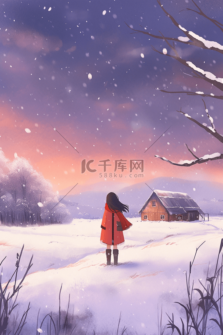 冬天唯美雪景插画手绘海报