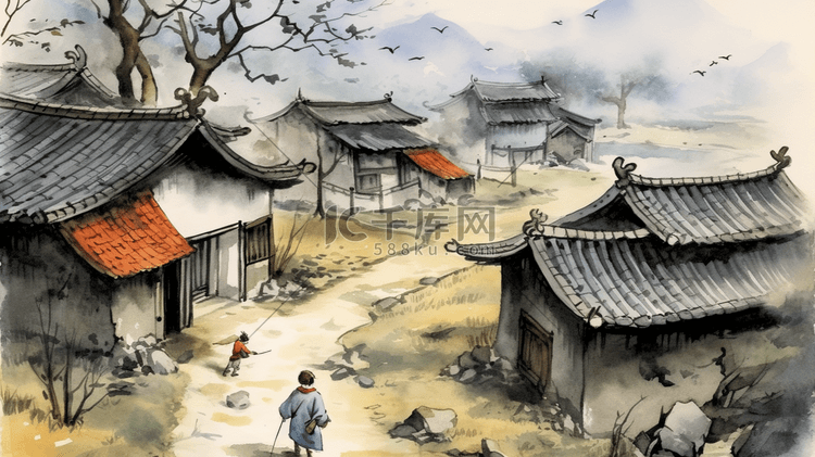 中国风水墨传统建筑风景插画20