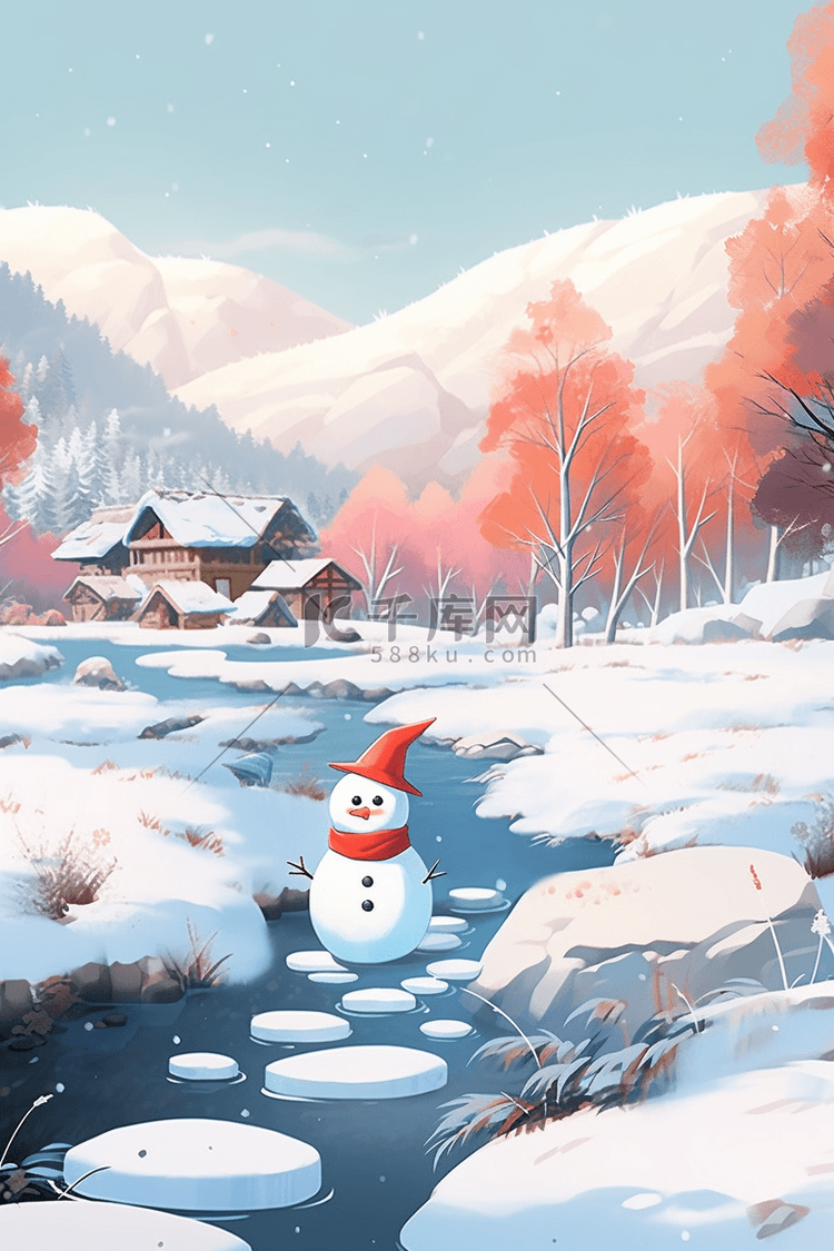 新年冬天雪人雪景植物手绘插画