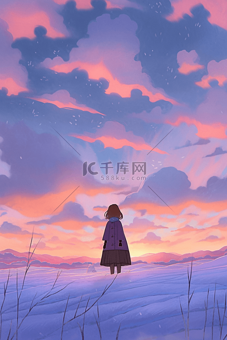 唯美插画夕阳冬天手绘海报