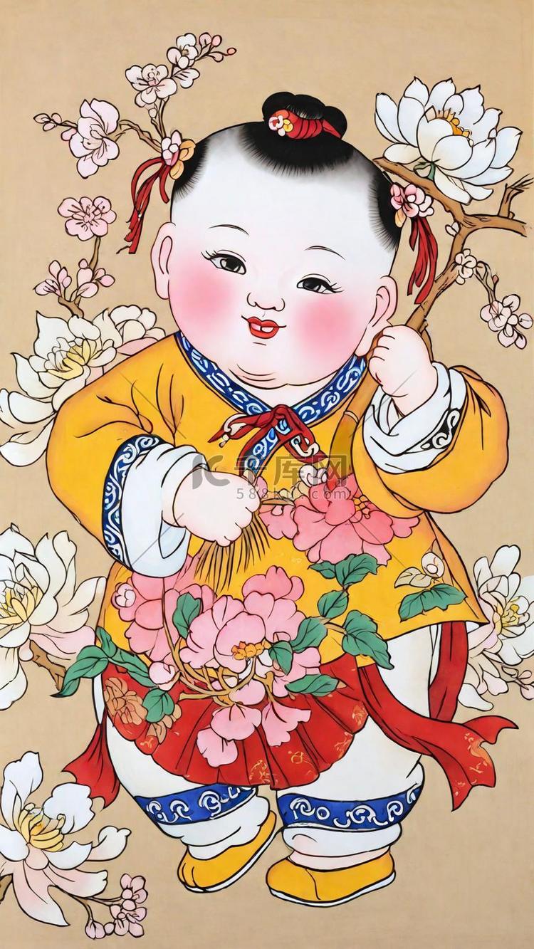 国风传统新年民俗年画娃娃插画海报