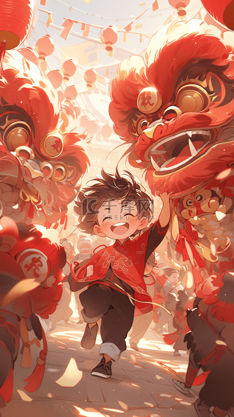 新年集市舞狮舞龙手绘插画图片-千库网