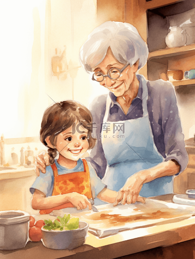 跟着老奶奶学习做饭的小孩子插画17