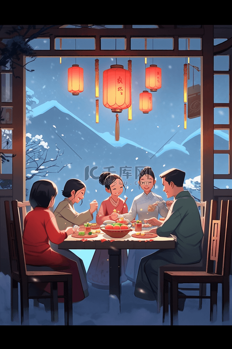 新年手绘一家人插画团聚团圆