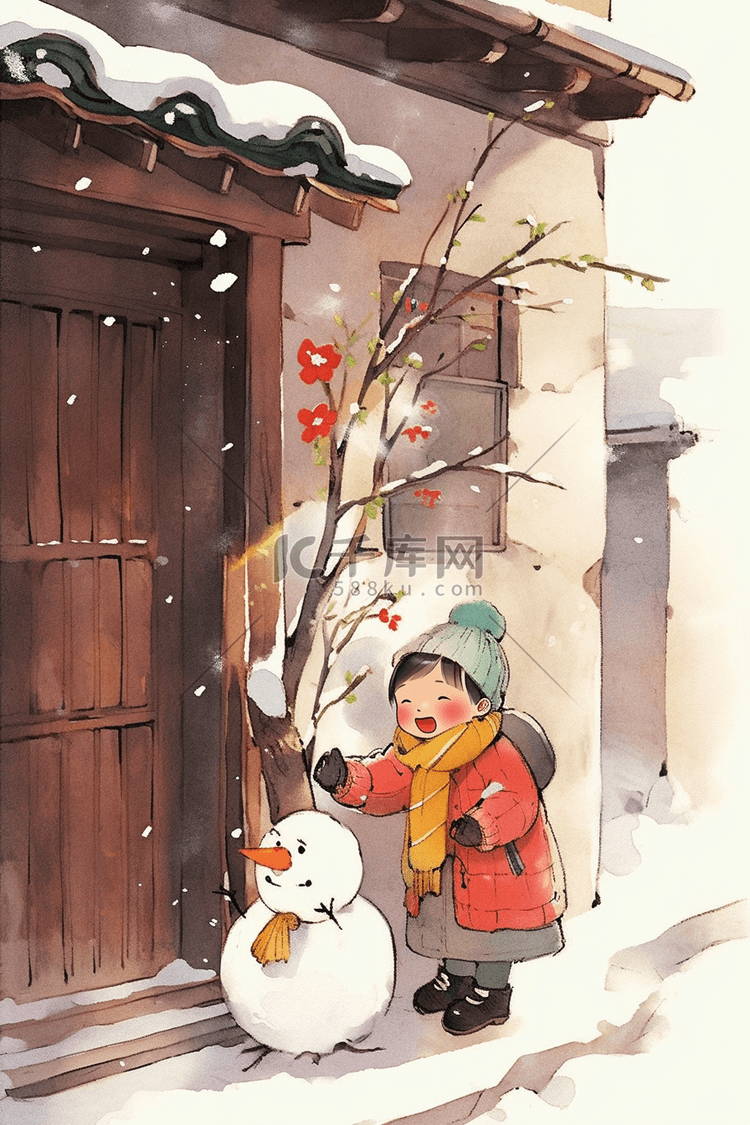 冬天新年孩子雪人手绘插画