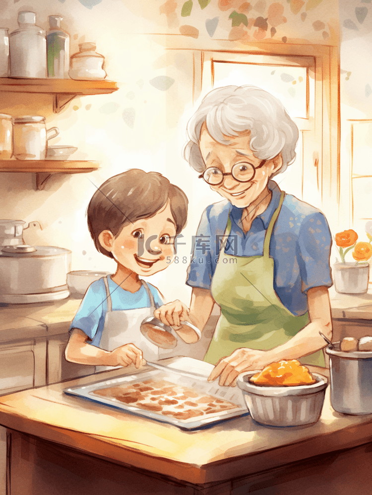 跟着老奶奶学习做饭的小孩子插画24