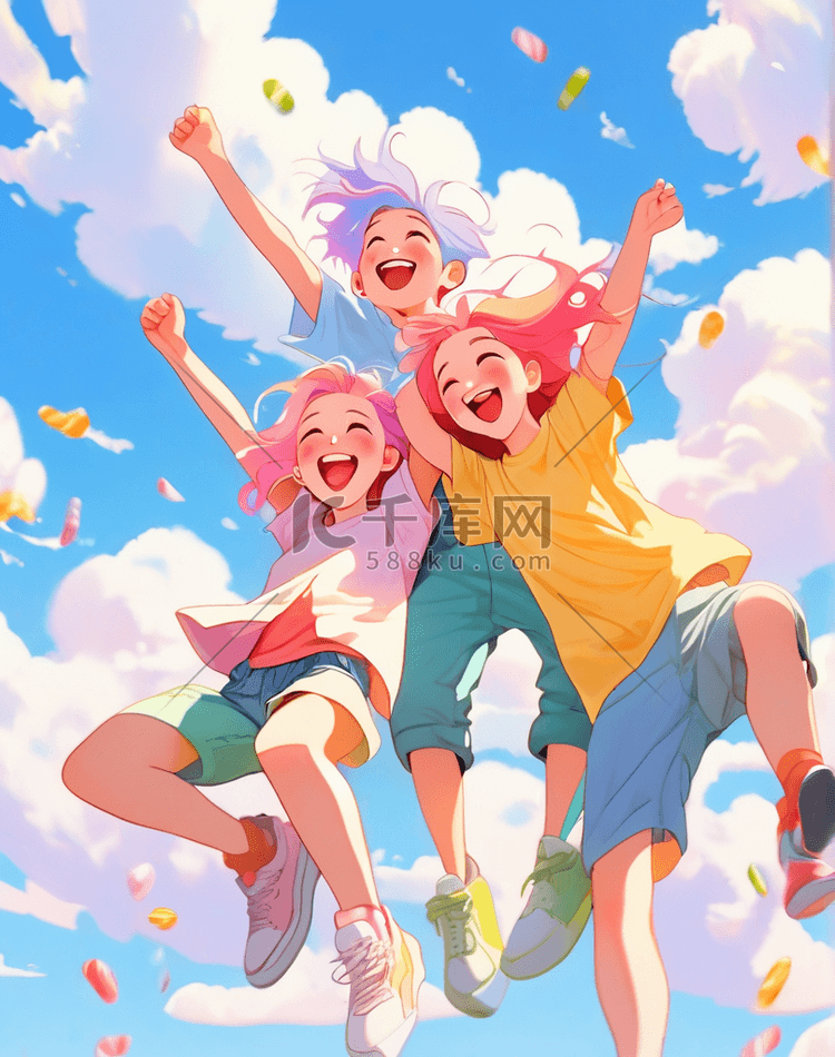 女孩男孩跳跃喜悦开心快乐插画唯美