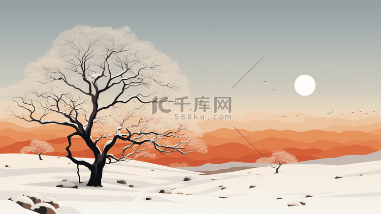 冬季天野雪地枯树插画9