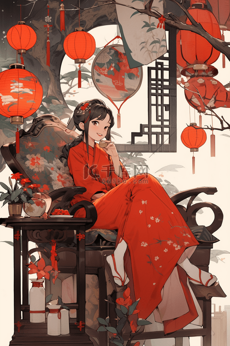 中国风女孩灯笼手绘插画新年