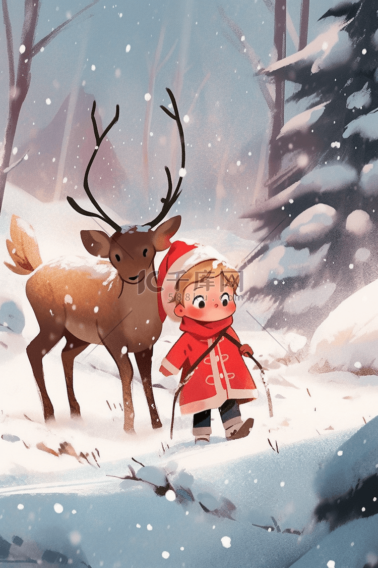 冬天可爱孩子驯鹿插画海报
