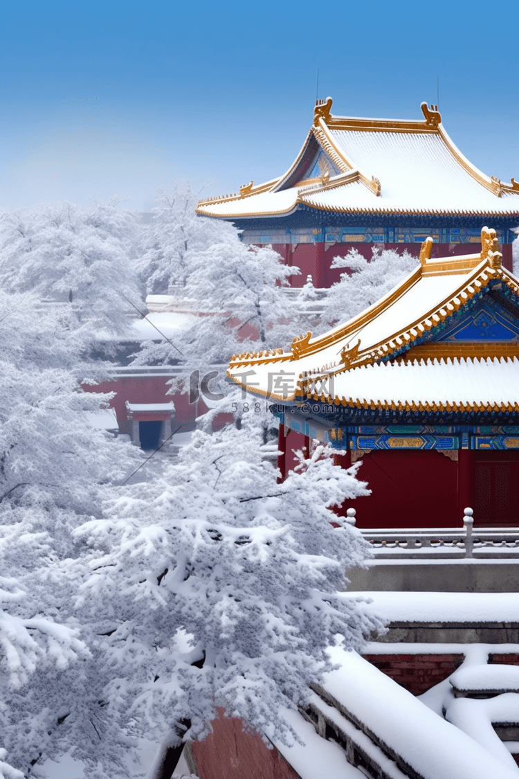 雪景摄影图冬天古代建筑插画海报