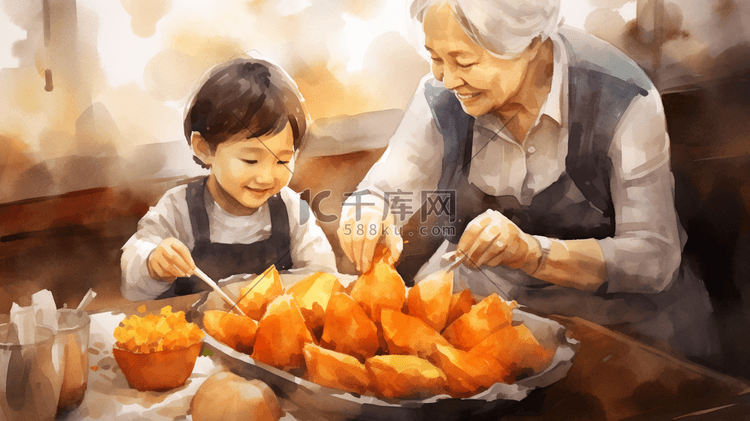 小朋友和奶奶一起蒸红薯插画7