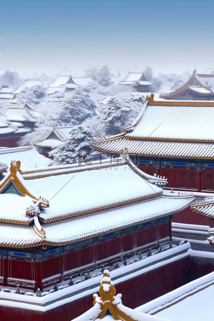 冬天摄影图古代建筑雪景插画设计