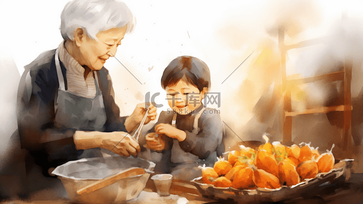 小朋友和奶奶一起蒸红薯插画5