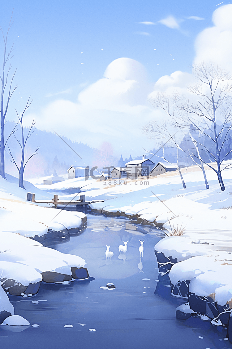 冬天唯美手绘雪景小溪插画