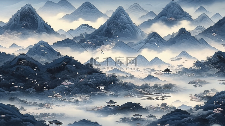 靛蓝色调山水画中国风1插图