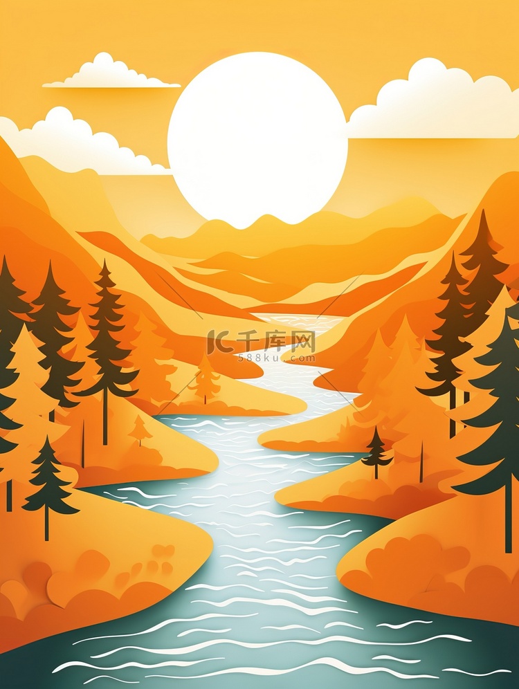 阳光明媚的河流剪纸风格3图片