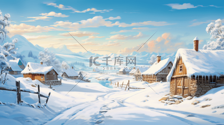 大雪冰封的乡村道路建筑雪景插画4