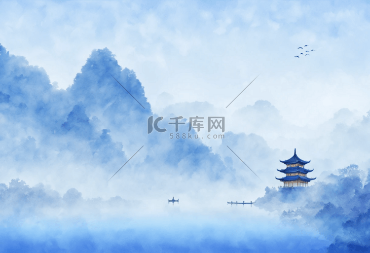 淡彩梦幻山水塔桥户外自然风景蓝色插画图片