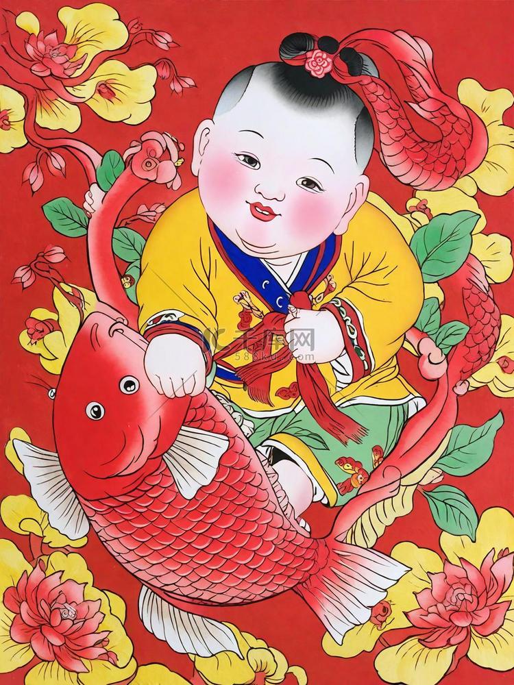 传统新年民俗年画红鲤鱼和胖娃娃插画