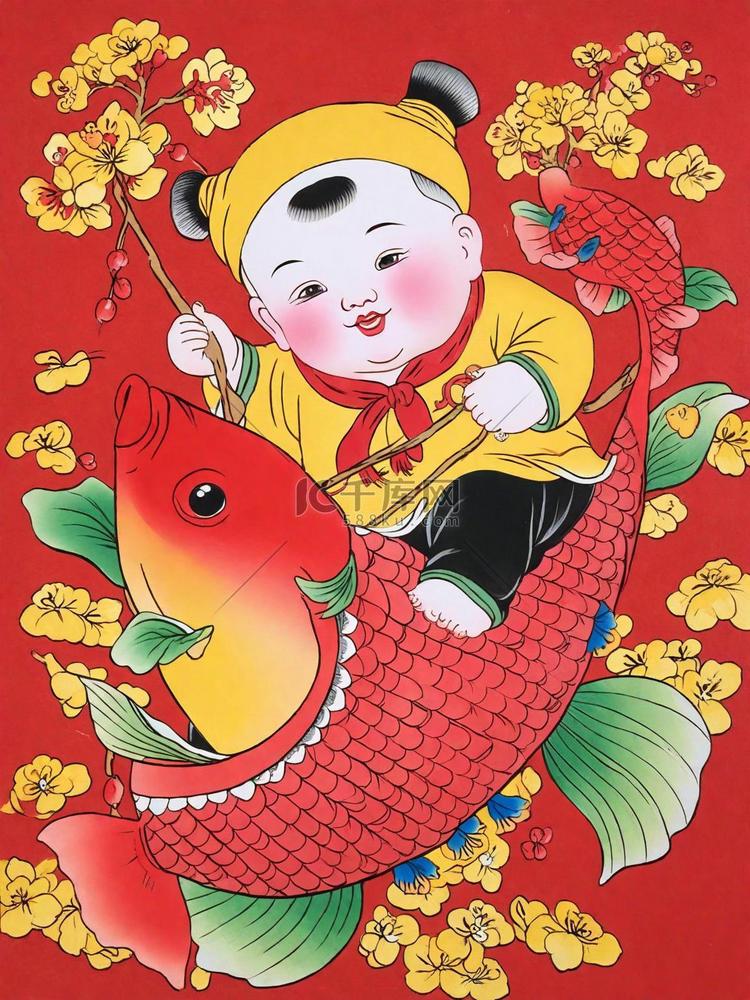 传统新年民俗年画红鲤鱼和胖娃娃插画素材