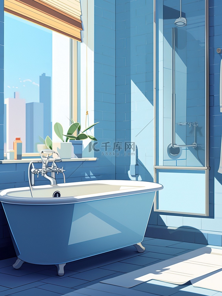 极简浴室牛仔蓝色18插画海报