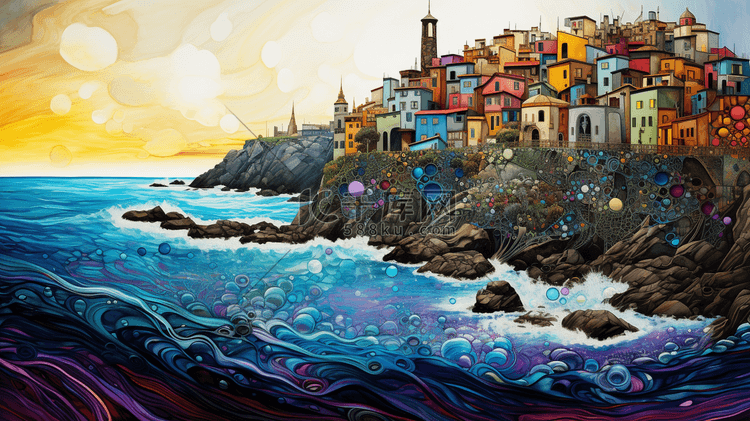 彩色手绘海边城市创意插画16