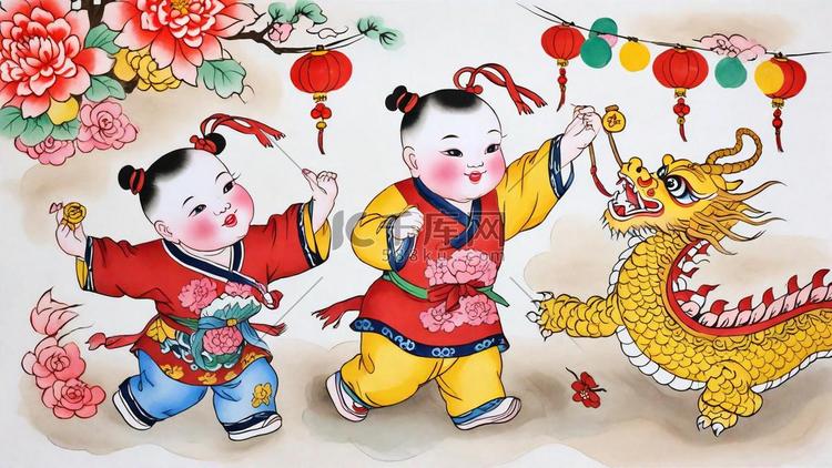 传统新年杨枊青民俗年画年画娃娃插画图片