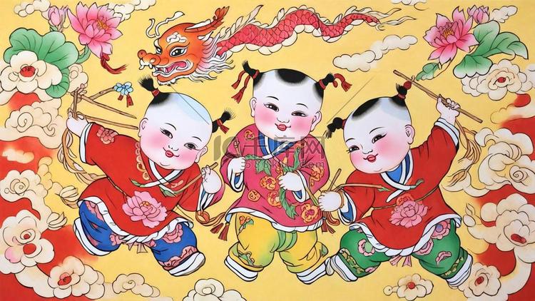 传统新年民俗年画杨枊青舞龙年画娃娃29插图