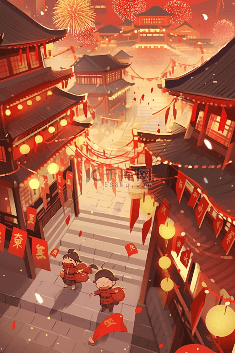 家人团聚烟花新年手绘插画海报